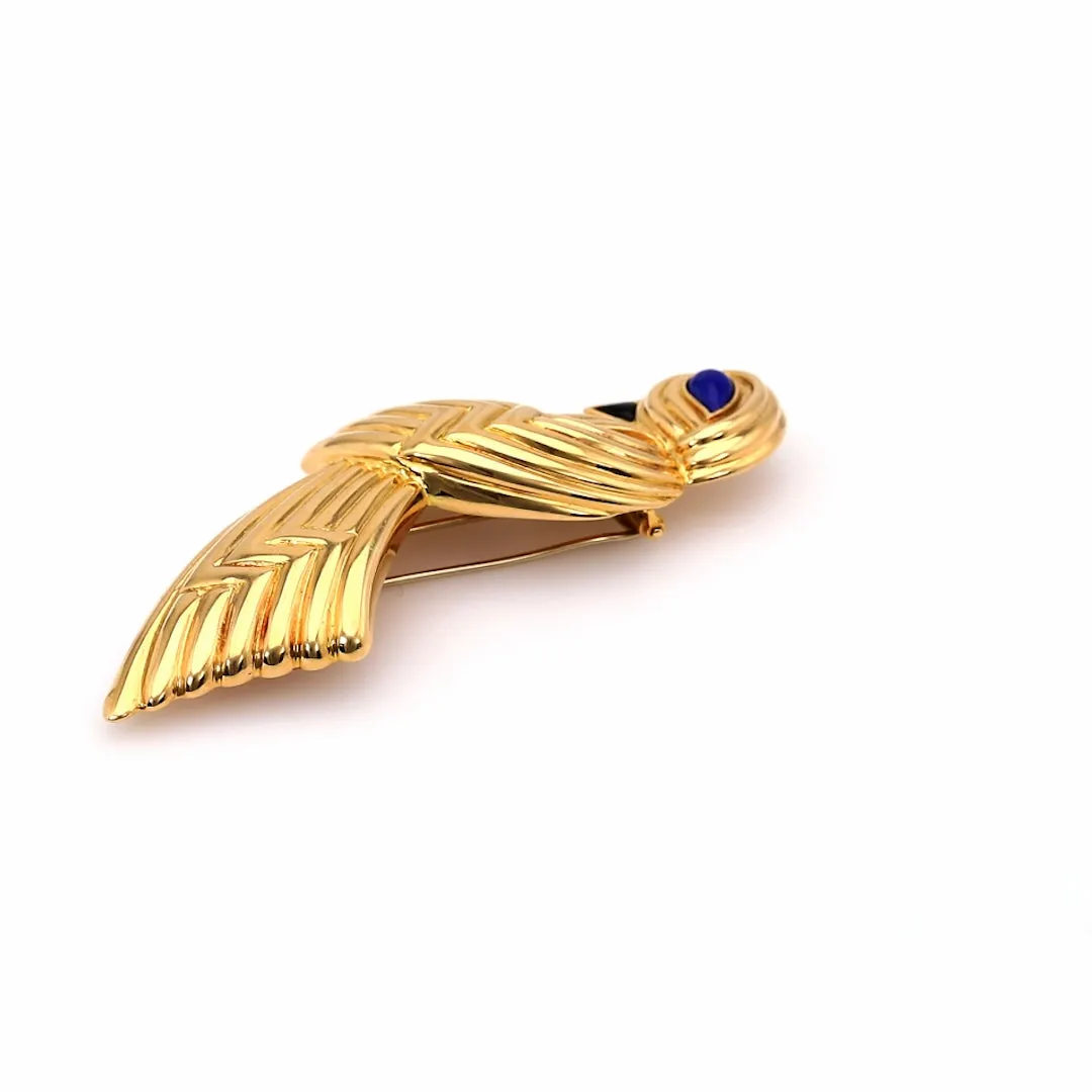 Vintage Boucheron Lapis and Onyx 18k Yellow Gold Bird Brooch