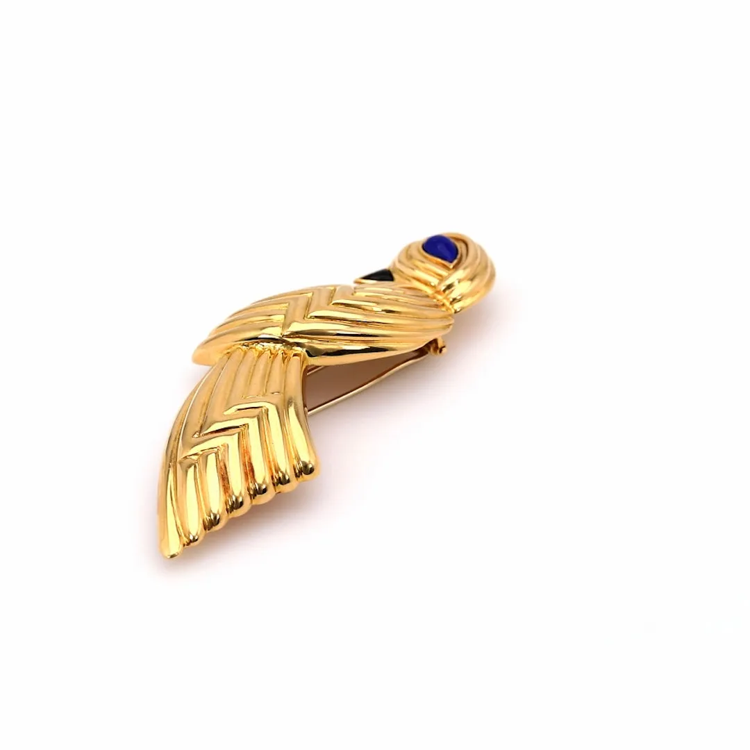 Vintage Boucheron Lapis and Onyx 18k Yellow Gold Bird Brooch