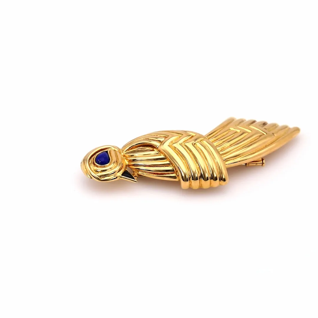 Vintage Boucheron Lapis and Onyx 18k Yellow Gold Bird Brooch