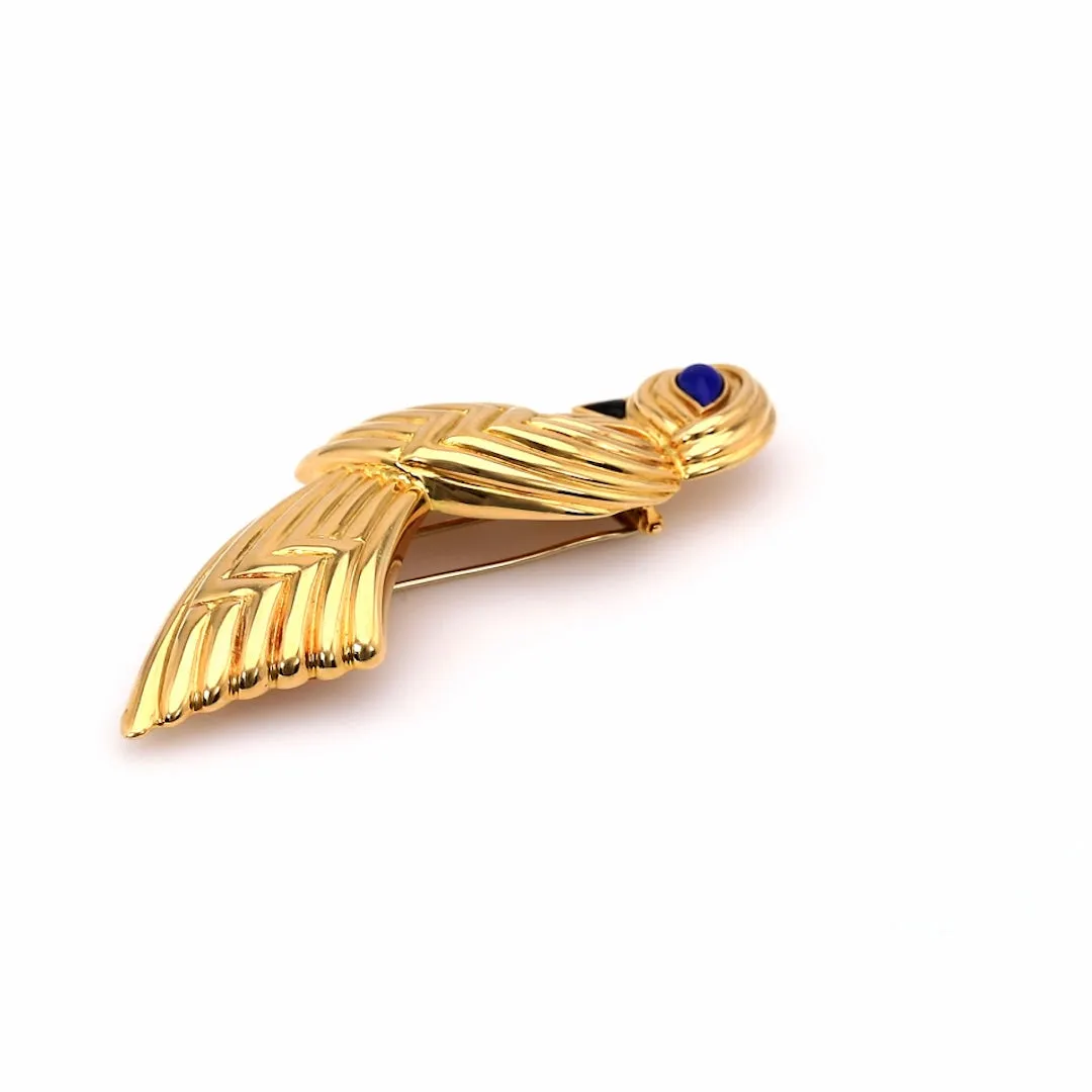 Vintage Boucheron Lapis and Onyx 18k Yellow Gold Bird Brooch