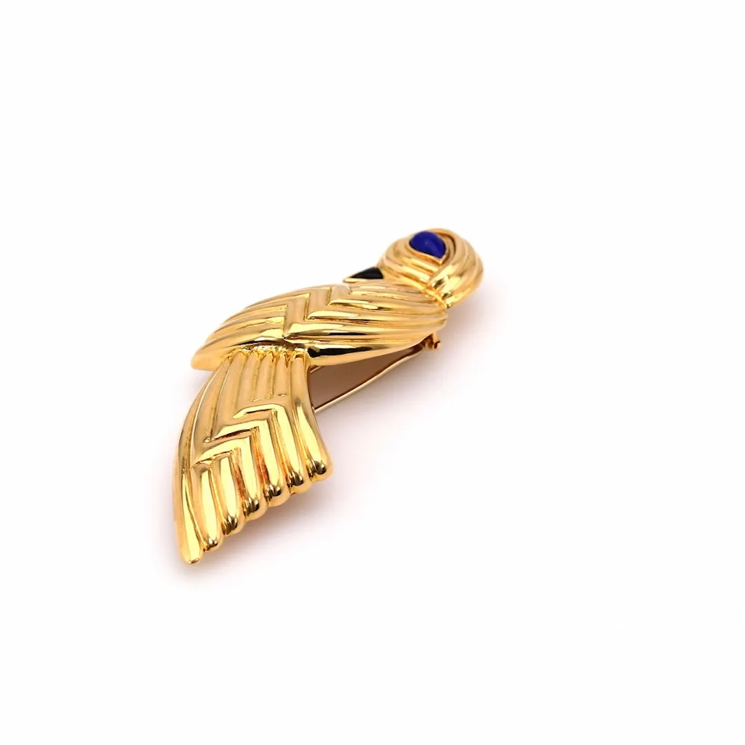 Vintage Boucheron Lapis and Onyx 18k Yellow Gold Bird Brooch