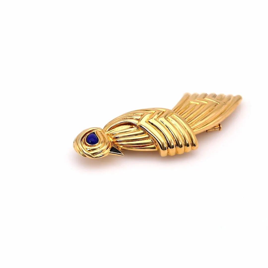 Vintage Boucheron Lapis and Onyx 18k Yellow Gold Bird Brooch