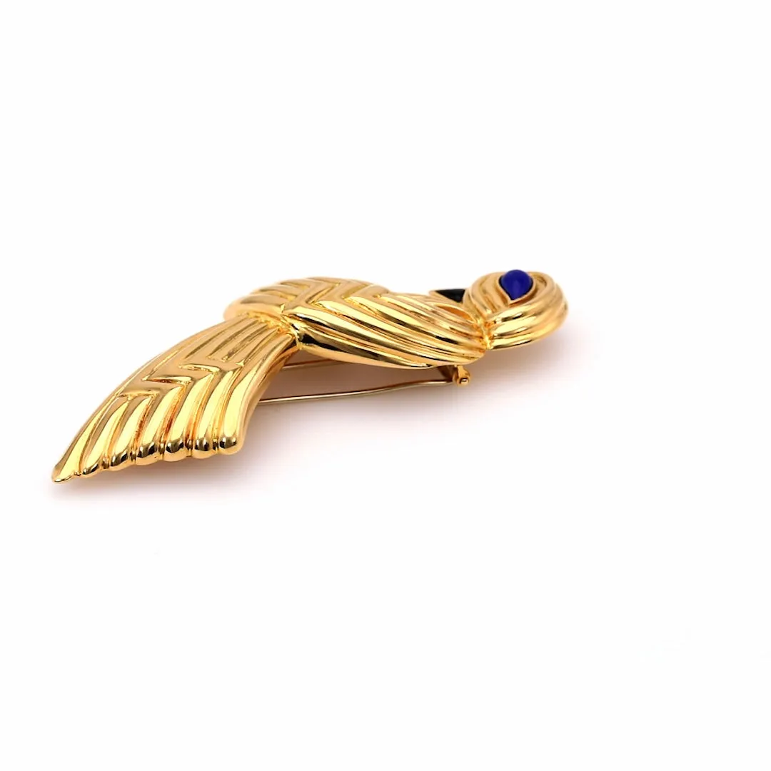 Vintage Boucheron Lapis and Onyx 18k Yellow Gold Bird Brooch