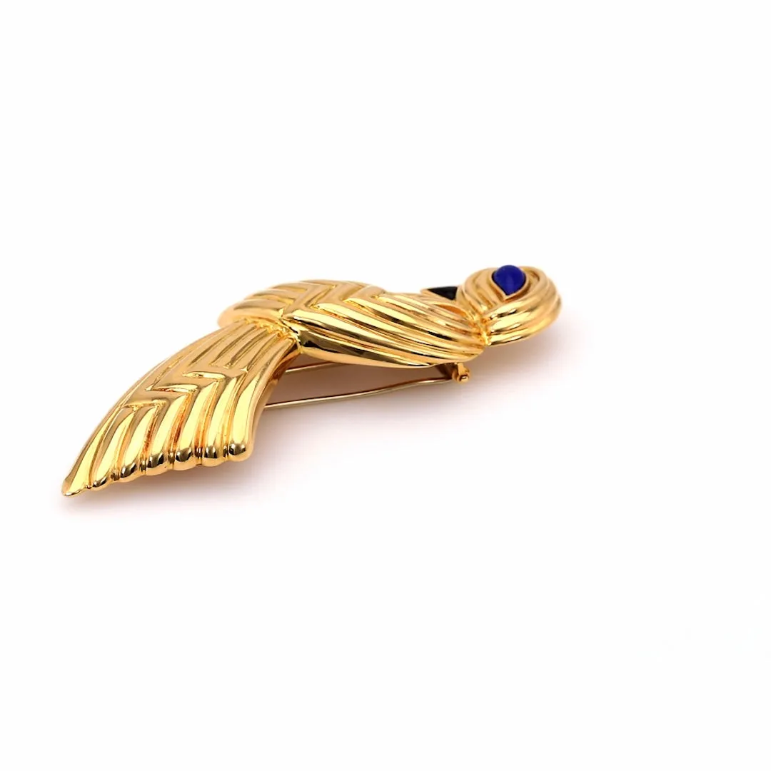 Vintage Boucheron Lapis and Onyx 18k Yellow Gold Bird Brooch