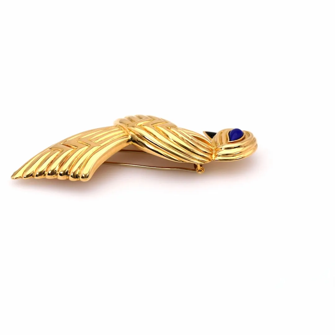 Vintage Boucheron Lapis and Onyx 18k Yellow Gold Bird Brooch