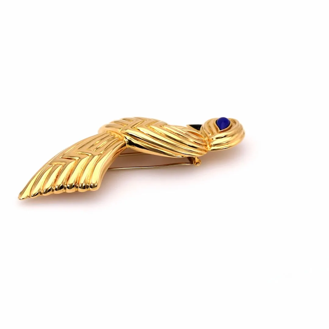 Vintage Boucheron Lapis and Onyx 18k Yellow Gold Bird Brooch