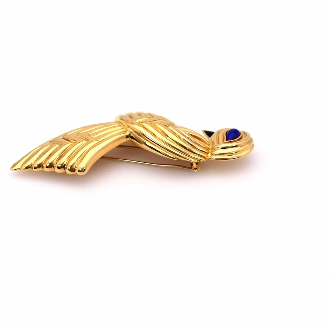 Vintage Boucheron Lapis and Onyx 18k Yellow Gold Bird Brooch