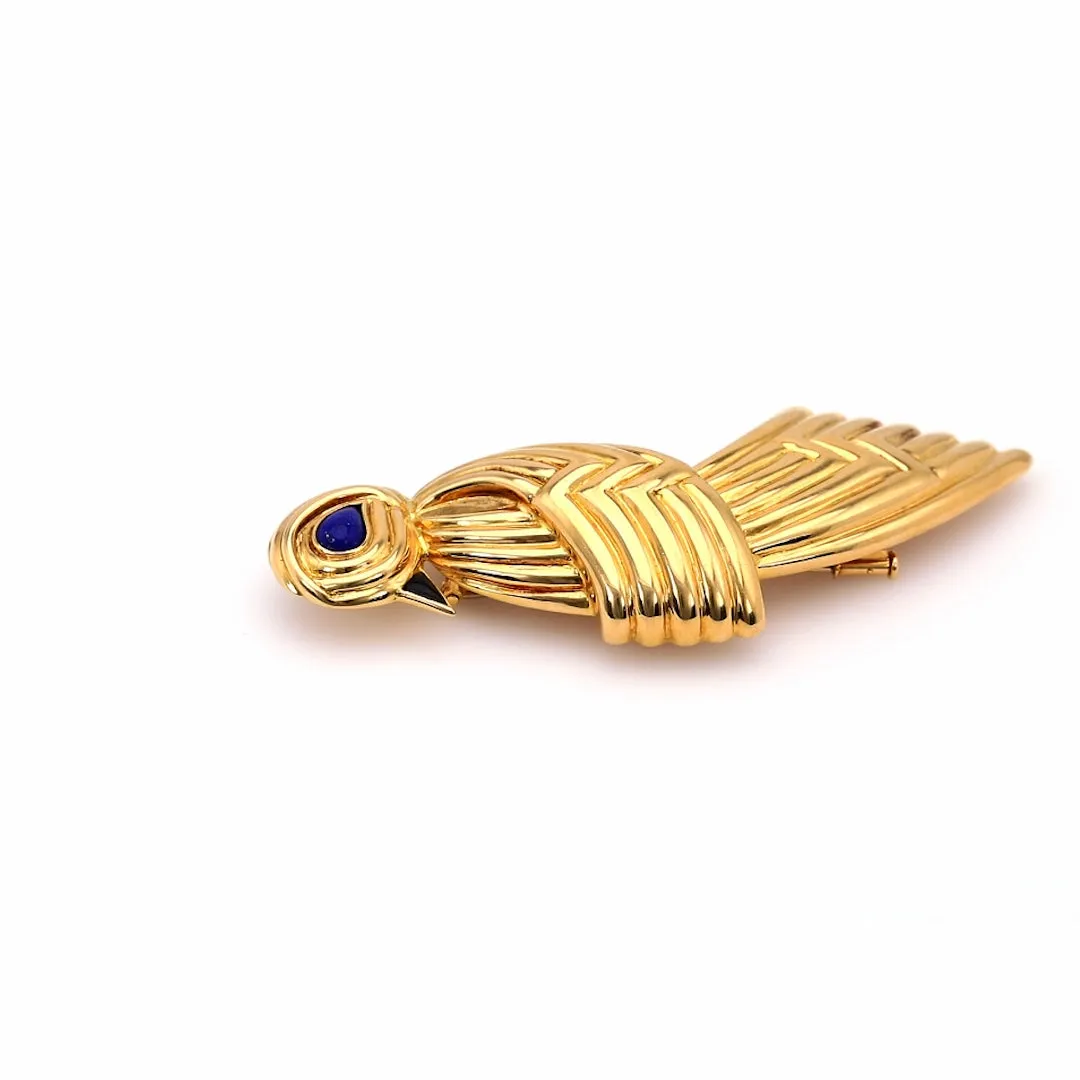 Vintage Boucheron Lapis and Onyx 18k Yellow Gold Bird Brooch