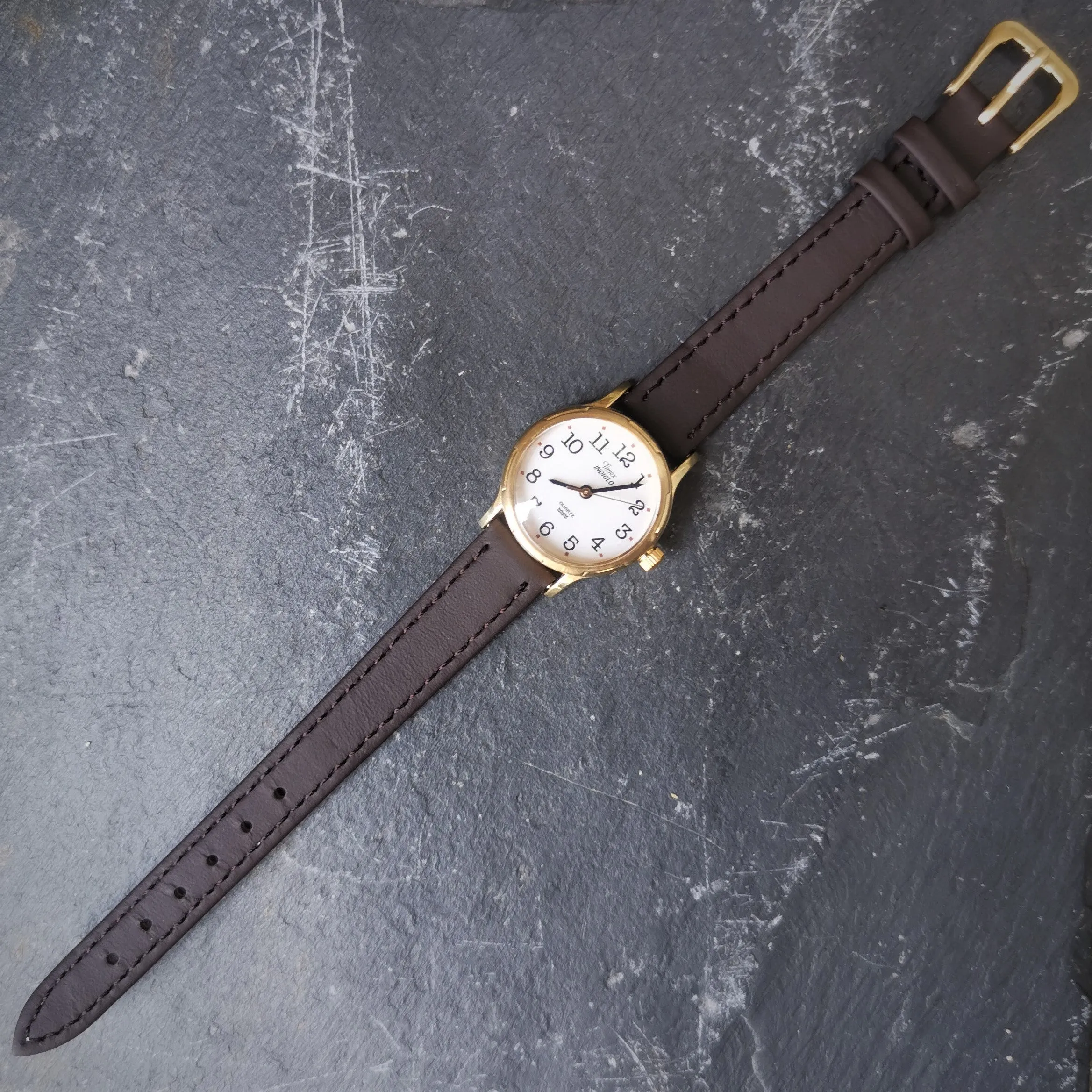 Vintage Women's Gold Plated Timex Quartz Watch // With Genuine Brown Leather Strap