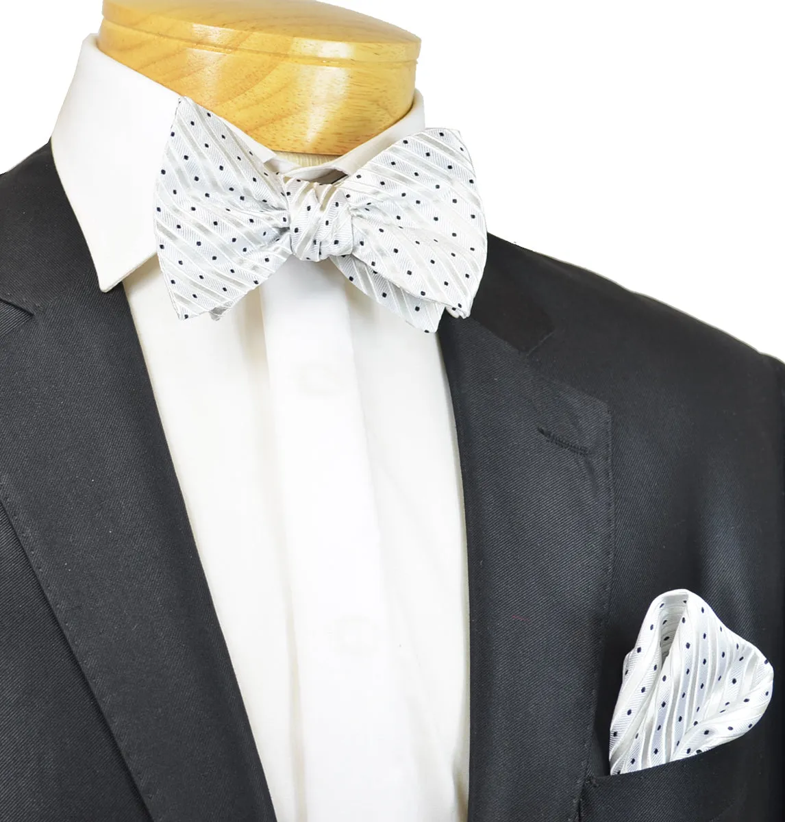 White and Black Silk Bow Tie and Pocket Square Set