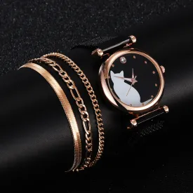 Women's Cat Quartz Watch Bracelet Set