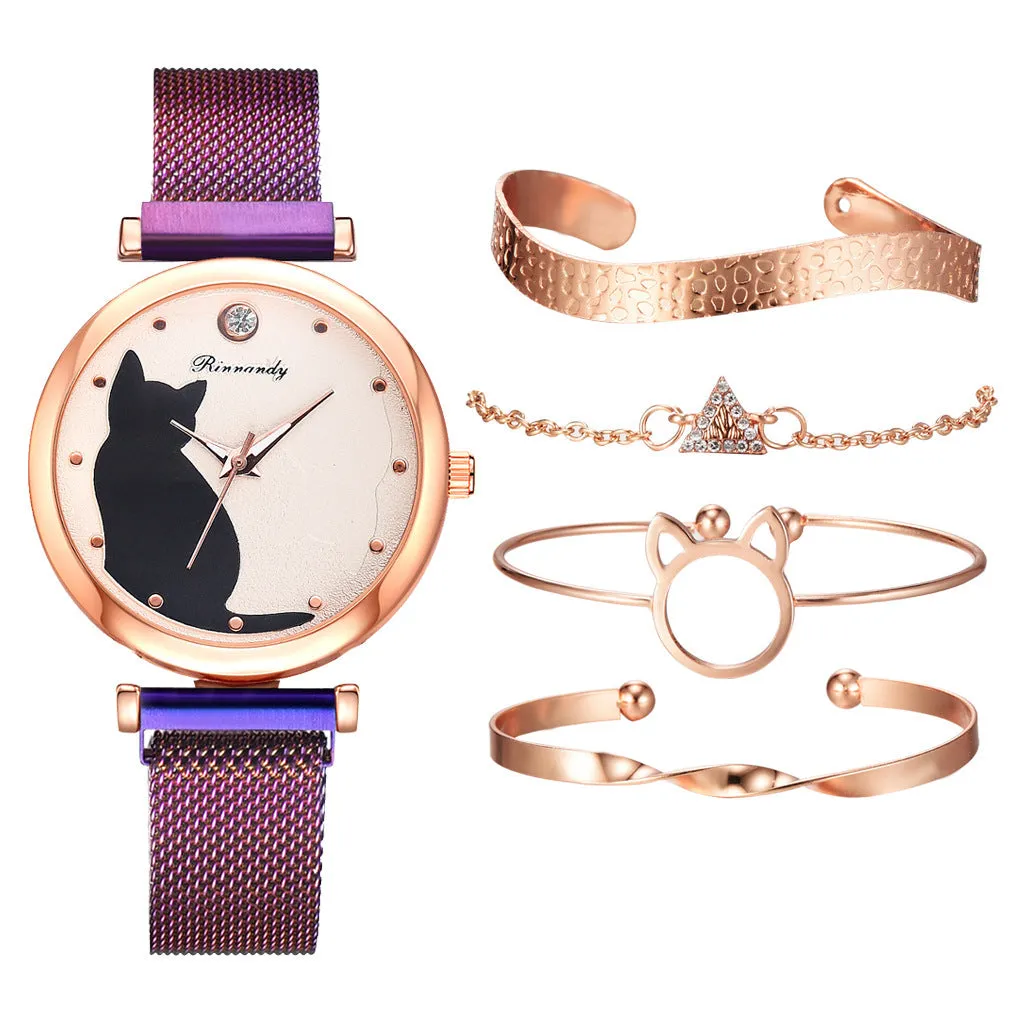 Women's Cat Quartz Watch Bracelet Set