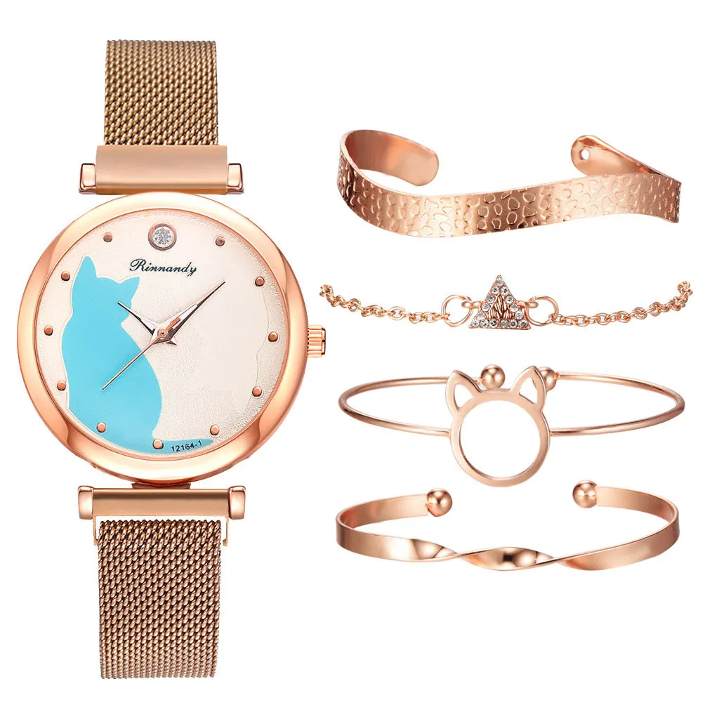 Women's Cat Quartz Watch Bracelet Set